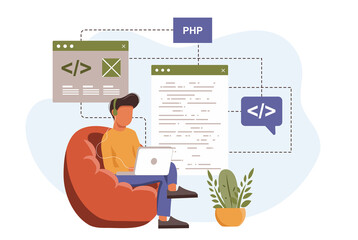 Wall Mural - Programmer working in flat design. People programming software, coding, testing, collection of scenes. Vector illustration for blogging, website, mobile app, promotional materials.