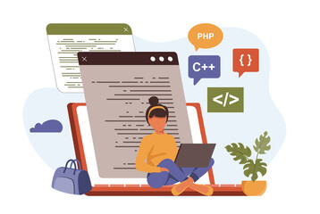 Wall Mural - Programmer working in flat design. People programming software, coding, testing, collection of scenes. Vector illustration for blogging, website, mobile app, promotional materials.
