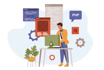 Wall Mural - Programmer working in flat design. People programming software, coding, testing, collection of scenes. Vector illustration for blogging, website, mobile app, promotional materials.