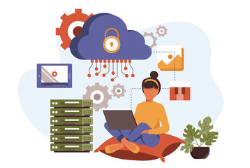 Wall Mural - Cloud computing in flat design. People upload files, storage and processing data collection of scenes. Vector illustration for blogging, website, mobile app, promotional materials.