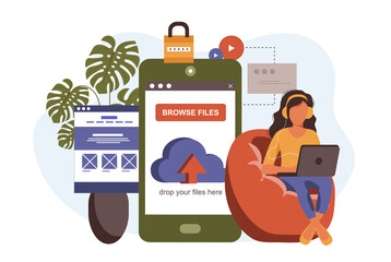 Wall Mural - Cloud computing in flat design. People upload files, storage and processing data collection of scenes. Vector illustration for blogging, website, mobile app, promotional materials.