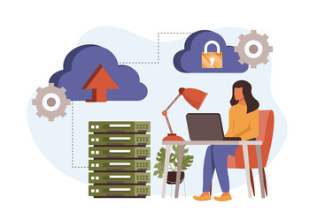 Wall Mural - Cloud computing in flat design. People upload files, storage and processing data collection of scenes. Vector illustration for blogging, website, mobile app, promotional materials.