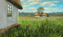 Digital Oil Paintings Rural Landscape, Old Village, House In The Field, House In The Grass