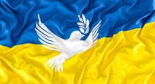 Ukrainian Flag With Peace Symbol, Dove With Olive Tree.