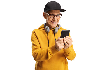 Poster - Trendy elderly man with headphones and a smartphone