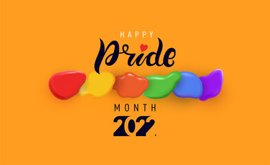 Pride month 2022 logo with rainbow spotted flag. Pride symbol with heart, LGBT, sexual minorities, gays and lesbians. Banner Love is love. Template designer sign, icon colorful brush strockes rainbow.