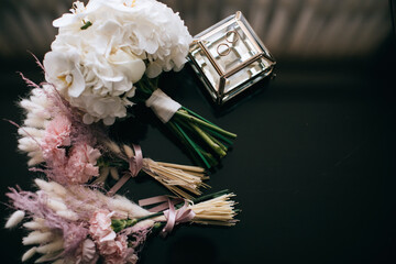 Wall Mural - Beautiful wedding bouquets of the bride and bridesmaids with white orchids