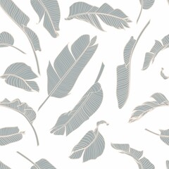 Wall Mural - Seamless floral pattern with Tropical bananas leaves. Tropical leaves in retro style. Hand drawn pattern. Line art. 