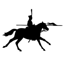Silhouette Of A Horseman With A Saber. The Military Cavalry Is Attacking. Soldier Of The Napoleonic War	
