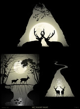 Deer Silhouettes. Animals Family Outline. Full Moon. Black White Set