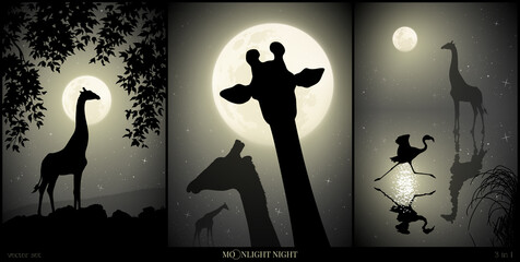 Sticker - Giraffe outline. Wild animal in savannah. Full moon. Black white set