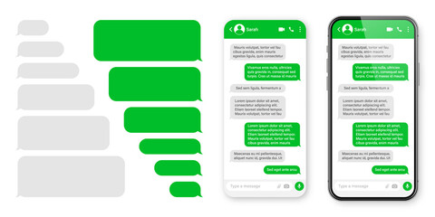 Realistic smartphone with messaging app. Blank SMS text frame. Conversation chat screen with green message bubbles. Social media application. Vector illustration.