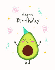 Wall Mural - greeting card with cartoon avocado, vector illustration