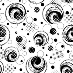 Wall Mural - Abstract seamless pattern with round grunge paint brush stroke. Black circles on white background. Modern grunge texture with halftone. Perfect for sportswear, sporting goods