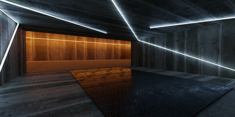 Wall Mural - dark empty concrete industrial basement hall futuristic design with blue and orange neon light 3d render illustration