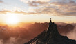 Leinwandbild Motiv Adventure Composite. Adventurous Female person hiking on top of a mountain. 3d rendering Rocky Peak. Colorful Sunset or Sunrise Sky. Aerial Background Landscape Image from British Columbia, Canada.