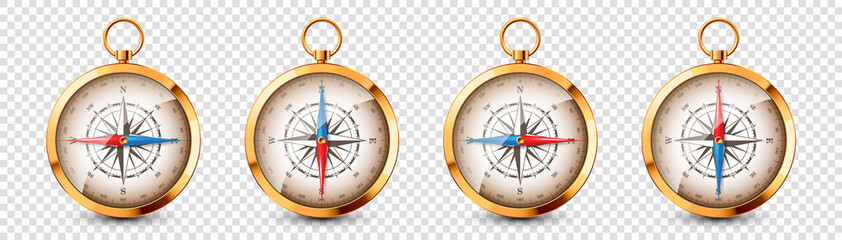 Realistic golden vintage compass with marine wind rose and cardinal directions of North, East, South, West. Shiny metal navigational compass. Cartography and navigation. Vector illustration.