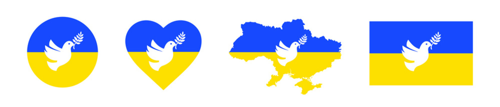 Wall Mural -  - Stop war in Ukraine. Heart-shaped icon with Ukrainian flag. Borders of Ukraine with Ukraine flag. International protest. Flying peace dove with olive branch symbol. White pigeon. No war.