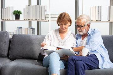 Wall Mural - senior couple reading a book and self learning in living room