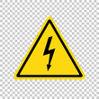 © Omeris - Power outage icon. Symbol electrical safety. Sign without electric. Black lightening. Yellow triangular. Caution warning triangle. Voltage logo isolated on transparent background. Vector illustration