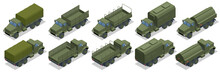 Isometric Military Heavy Truck. Military Green Army Vehicle Isolated Military Heavy Truck On White Background