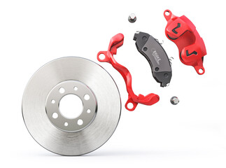 Car brake disk with red caliper. Car brake on a white background. 3d illustration