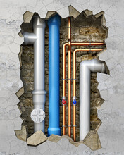 Plumbing Pvc And Copper Pipes Behind The Damaged Wall With A Hole In It, 3d Illustration