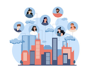 Wall Mural - social media concept. avatars of people on background of large city building, instant messengers com