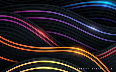 Wall Mural - Black abstract modern background wavy colorful line dimension
