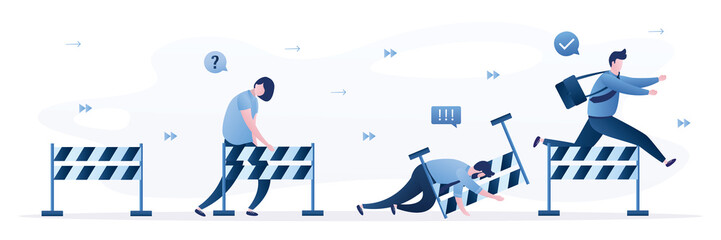 Businesspeople or managers jumps over hurdle. Overcoming obstacles, solving business problems. Winner and losers. Business competition. Colleagues or employees fast run. Confident character.