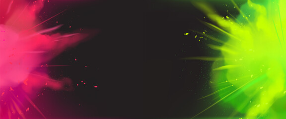 Wall Mural - poster with color powder explosions, splashes of pink and green paint burst. vector horizontal banne