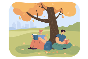 Poster - university students studying under tree outside. young people sitting in park and doing homework fla