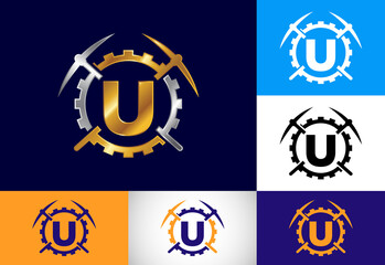 Wall Mural - Initial U monogram letter alphabet with pickaxe and gear sign. Mining logo design concept. Modern vector logo for mining business and company identity.