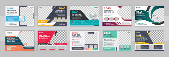 Corporate horizontal business conference flyer template design bundle. Conference flyer and invitation banner template design. Annual corporate business workshop, meeting & training promotion poster.