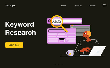 Keyword research landing page. Professional specialist with laptop using tools and services for browsing key words for seo optimization and social media content, Vector cartoon line art web banner