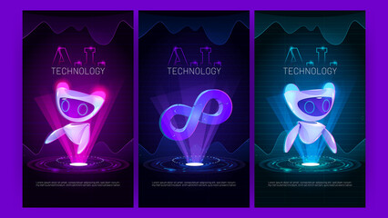 AI technology banners with cute robots and infinity symbol hologram. Vector posters of artificial intelligence and smart machine with cartoon illustration with futuristic virtual bots