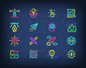 Sticker - Set of Creative neon sign. Checklist, Innovation, Lighthouse, Air Balloon, Puzzle and more.