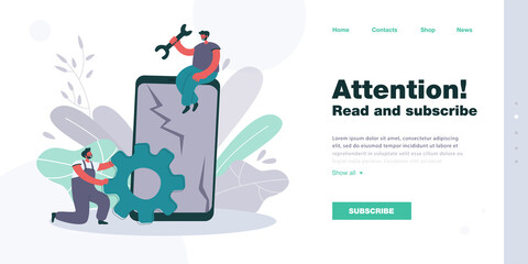 Tiny repairmen with spanner and gear fixing phone. Huge smartphone with broken screen flat vector illustration. Repair service, technology, tool concept for banner, website design or landing web page