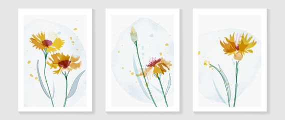 Abstract floral watercolor wall art template. Set of minimal wall decor with yellow flowers, blooms, and leaves in watercolor texture. Spring season painting for wallpaper, cover and poster.