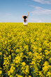 © Margarita Timofeeva - the woman in the hat enjoying nature in the middle of field full of yellow flowers. Yellow field of flowering rapeseed with cloudy blue sky - brassica napus - plant for green energy, medicine.