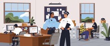 Police Officers Inside Detective Bureau. Policemen In Uniform Talking And Working At Computers In Investigation Department. People, Cops In Law Authority Interior Panorama. Flat Vector Illustration