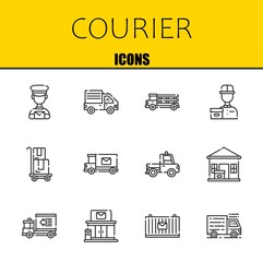 Wall Mural - courier vector line icons set. postman, delivery truck and truck Icons. Thin line design. Modern outline graphic elements, simple stroke symbols stock illustration