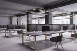 Fototapeta  - Modern coworking office interior with mock up place on computer screens, window and city view, furniture and equipment. Design and workplace concept. 3D Rendering.