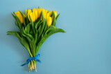 Fototapeta Tulipany - A bouquet of yellow tulips tied with a ribbon on a blue background. Greeting card with free space for text