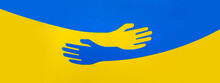 Support For Ukraine. Panoramatic Format. Embrace Icon, Hugging Arms In Colors Of Ukraine. War Attack Of Russia. Papercut, Hands Hug Template. Care Love And Charity Symbol, Hand Support. Panorama Photo