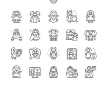 Doll. Childrens Day. Toy Girl. Childhood. Pixel Perfect Vector Thin Line Icons. Simple Minimal Pictogram