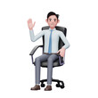 Businessman sitting in office chair waving hand, 3d render character illustration