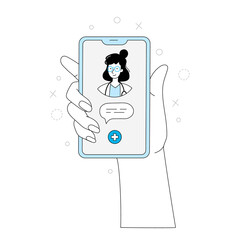 online doctor, virtual medicine illustration. female doctor outline doodle style. phone medicine app