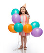 © Syda Productions - birthday, childhood and people concept - portrait of smiling little girl in dress and party hat with balloons over white background