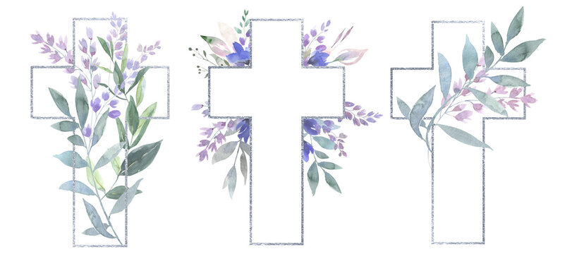 Watercolor Easter cross clipart. Floral crosses. Religious symbols, Easter cards. Festive crosses made of roses, purple flowers, green leaves and branches.